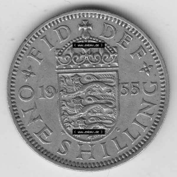Grau bzw. s/w Münzen Großbritannien Umlaufmünze 1954-1970, 1 Schilling - Shilling, 1955-1 Wappen mit drei Löwen. Rückseite der alten britischen Münze aus Großbritannien... Sammlung Graustufen