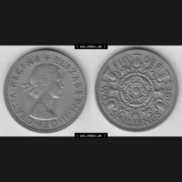 Grau bzw. s/w Münzen Großbritannien Umlaufmünze 1954-1970, 2 Schilling - Shillings 1963-1. Vorderseite und Rückseite horizontal auf einen digitalen Bild der alten britischen Münze... Sammlung Graustufen