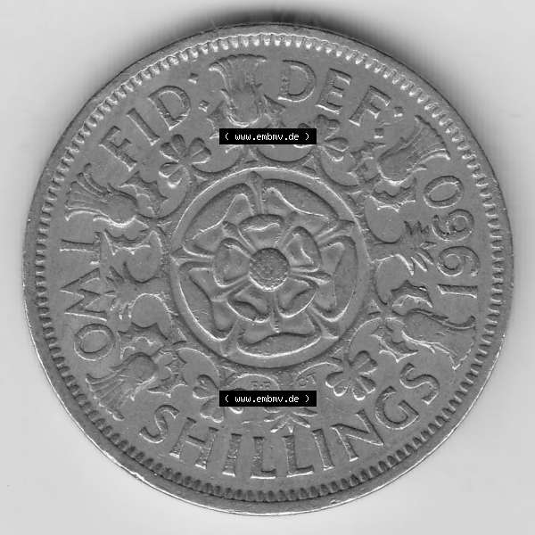 Grau bzw. s/w Münzen Großbritannien Umlaufmünze 1954-1970, 2 Schilling - Shillings 1960-1. Rückseite der alten britischen Münze aus Großbritannien zum katalogisieren und... Sammlung Graustufen