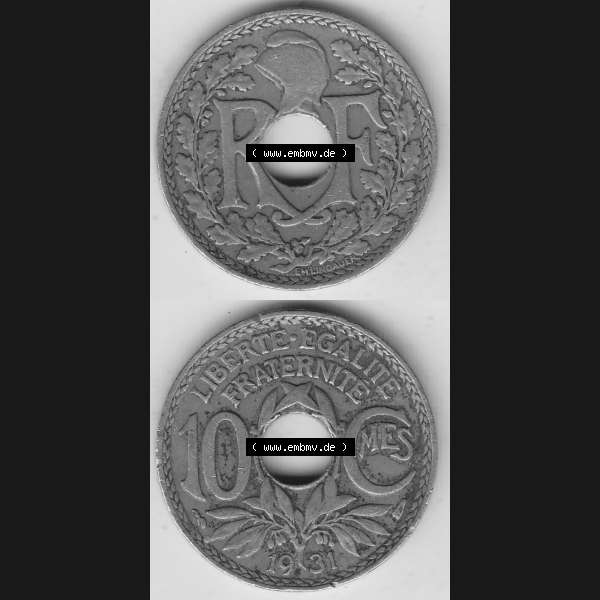 Grau bzw. s/w Münzen Frankreich Umlaufmünze Vollansicht 1917-1938, 10 Centimes, RF - Frankreich 10 CMES EGALITÉ FRATERNITÉ LIBERTÉ 1931-1. Vorderseite und Rückseite... Sammlung Graustufen