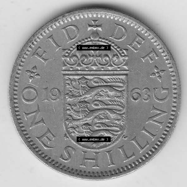 Grau bzw. s/w Münzen Großbritannien Umlaufmünze 1954-1970, 1 Schilling - Shilling, 1963-1 Wappen mit drei Löwen. Rückseite der alten britischen Münze aus Großbritannien... Sammlung Graustufen