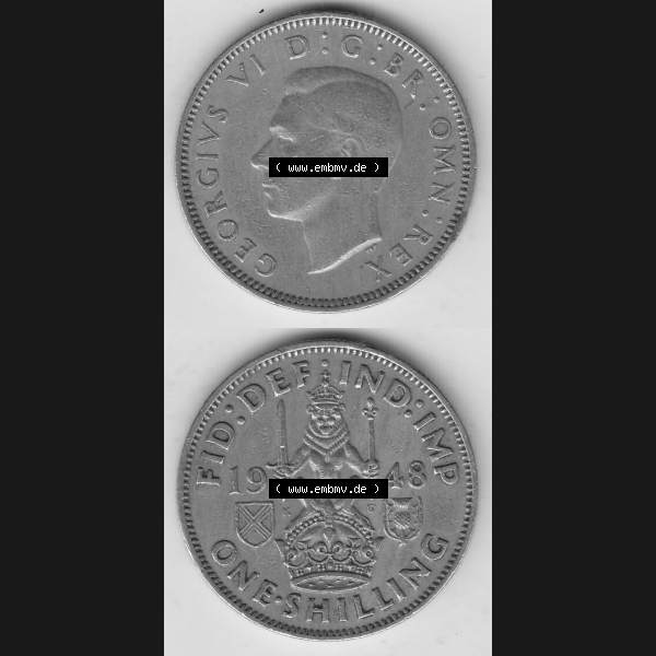 Grau bzw. s/w Münzen Großbritannien Umlaufmünze 1947-1948, 1 Schilling - One Shillings 1948-1 Sitzender Löwe auf Krone. Vorderseite und Rückseite vertikal untereinander auf einen... Sammlung Graustufen