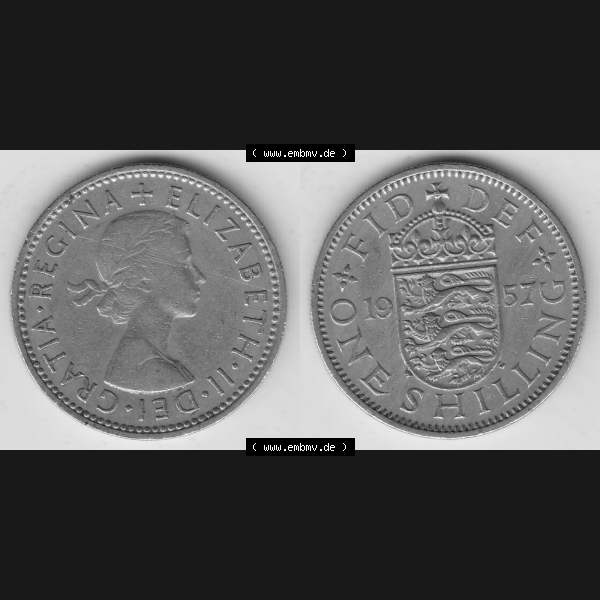 Grau bzw. s/w Münzen Großbritannien Umlaufmünze 1954-1970, 1 Schilling - Shilling, 1957-2 Wappen mit drei Löwen. Vorderseite und Rückseite horizontal auf einen digitalen... Sammlung Graustufen
