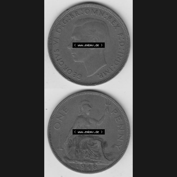 Grau bzw. s/w Münzen Großbritannien Umlaufmünze 1937-1948. 1 One Penny 1948-1, George VI, GEORGIVS VI DGBROMNREX FDINDIMP. HP. Vorderseite und Rückseite vertikal... Sammlung Graustufen