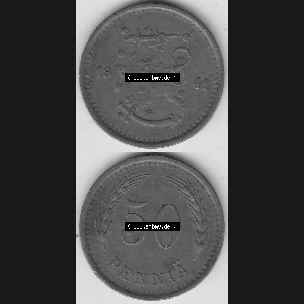 Grau bzw. s/w Alte Münzen KMS Finnland, Kursmünzensatz 1940-1943, 50 Penny, Penniä, Kupfer 1941-1. Digitales Bild / Bildmaterial für IPhone und Mobil-Geräte... Sammlung Graustufen