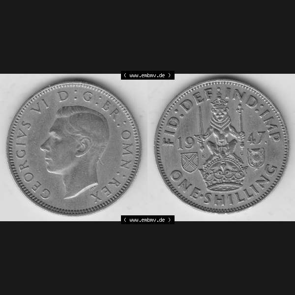 Grau bzw. s/w Münzen Großbritannien Umlaufmünze 1947-1948, 1 Schilling - One Shilling 1947-1 Sitzender Löwe auf Krone. Vorderseite und Rückseite horizontal auf einen digitalen... Sammlung Graustufen