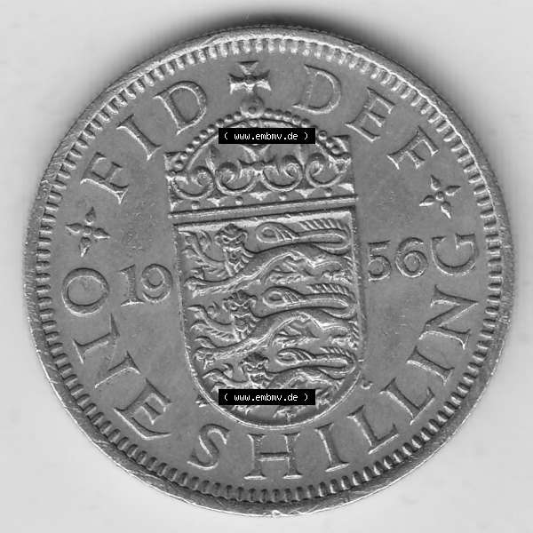 Grau bzw. s/w Münzen Großbritannien Umlaufmünze 1954-1970, 1 Schilling - One Shilling, 1956-1 Wappen mit drei Löwen. Rückseite der alten britischen Münze aus Großbritannien... Sammlung Graustufen