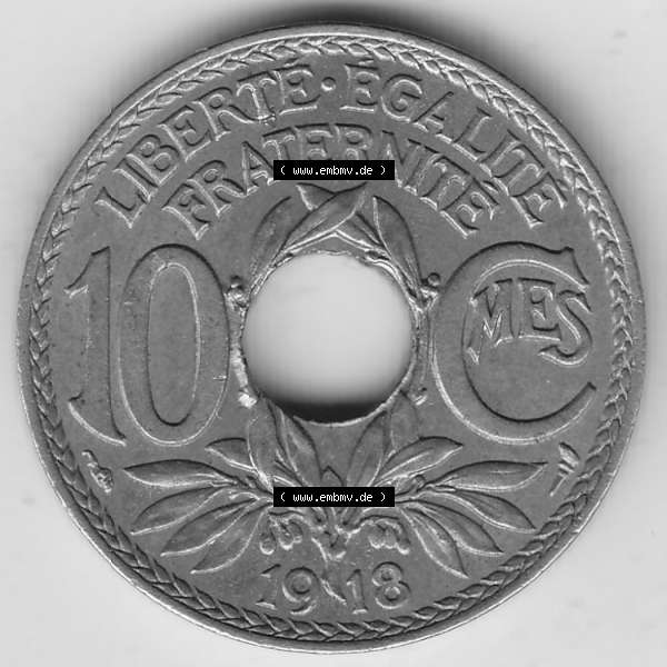 Grau bzw. s/w Münzen Frankreich Umlaufmünze Einzelansicht 1917-1938, 10 Centimes, RF - Frankreich 10 CMES EGALITÉ FRATERNITÉ LIBERTÉ 1918-1. Rückseite der alten... Sammlung Graustufen