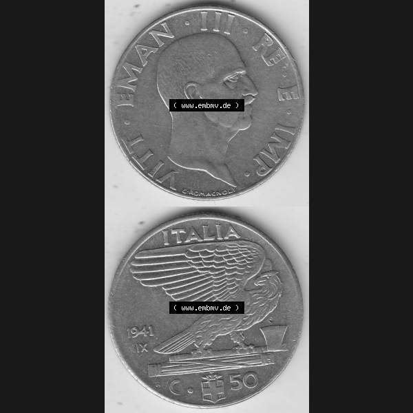 Grau bzw. s/w Alte Münzen KMS Italien / Italia, Kursmünzensatz - Zusammenstellung 1908-1943, mit Münze 1939-1943, 50 Centesimi, Cent, Viktor Emanuael III.,... Sammlung Graustufen