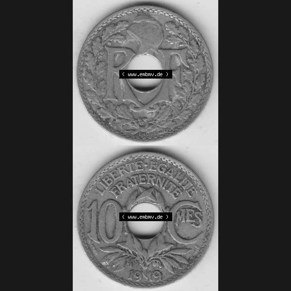 Grau bzw. s/w Münzen Frankreich Umlaufmünze Vollansicht 1917-1938, 10 Centimes, 10 CMES EGALITÉ FRATERNITÉ LIBERTÉ 1919-2. Vorderseite und Rückseite vertikal auf... Sammlung Graustufen