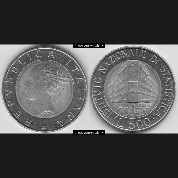 Grau bzw. s/w Bildmaterial von Münzen aus Italien / Italia Gedenkmünzen 1996-1996, 500 Lire, 70 Jahre Nationales Institut für Statistik (1926-1996), 70 ISTAT ISTITUTO NAZIONALE... Sammlung Graustufen