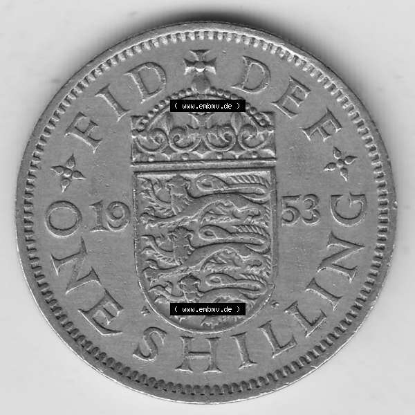 Grau bzw. s/w Münzen Großbritannien Umlaufmünze 1954-1970, 1 Schilling - One Shilling, 1953-1 Wappen mit drei Löwen. Rückseite der alten britischen Münze aus Großbritannien... Sammlung Graustufen