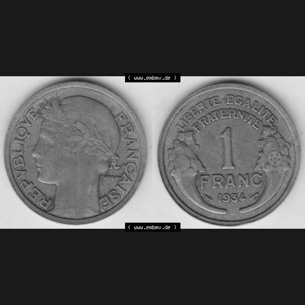 Grau bzw. s/w Münzen Frankreich Umlaufmünze 1931-1941, 1 Franken, 1 Franc, 1934-1 LIBERTE EGALITE FRATERNITE. Vorderseite und Rückseite horizontal auf einen digitalen Bild der... Sammlung Graustufen