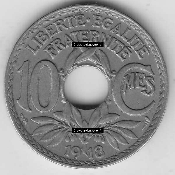 Grau bzw. s/w Münzen Frankreich Umlaufmünze 1917-1938, 10 Centimes, 10 CMES EGALITÉ FRATERNITÉ LIBERTÉ 1918-1. Digitales Bild der Rückseite mit Wertzahl / Nennwert... Sammlung Graustufen