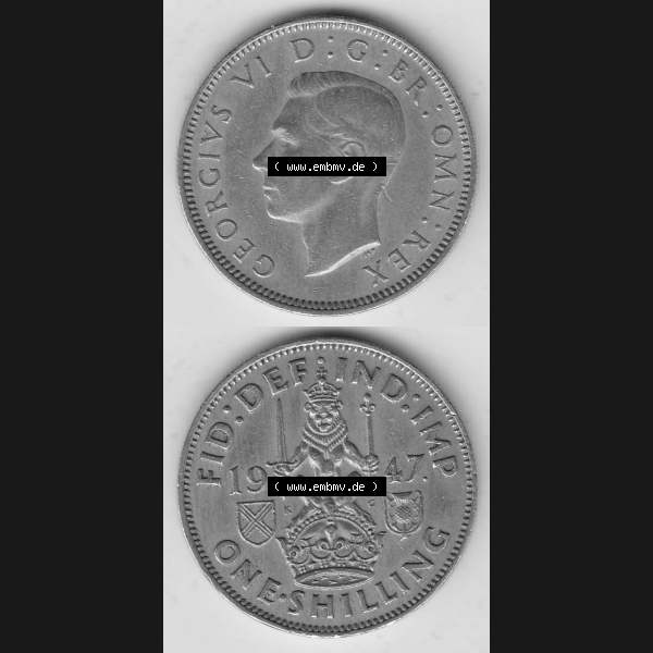 Grau bzw. s/w Münzen Großbritannien Umlaufmünze 1947-1948, 1 Schilling - One Shilling 1947-1 Sitzender Löwe auf Krone. Vorderseite und Rückseite vertikal untereinander auf einen... Sammlung Graustufen