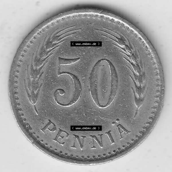 Grau bzw. s/w Alte Münzen KMS Finnland, Kursmünzensatz 1921-1940, 50 Penny, Penniä 1929. Rückseite mit Wert-Zahl bzw. Nennwert einer Münze aus KMS / Kursmünzen... Sammlung Graustufen