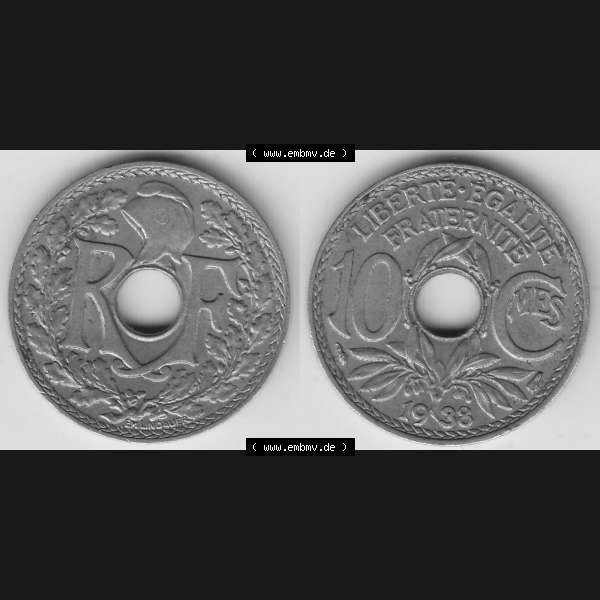Grau bzw. s/w Münzen Frankreich Umlaufmünze 1917-1938, 10 Centimes - Cmes 1938. Vorderseite und Rückseite horizontal auf einen digitalen Bild der alten französischen Umlaufmünze... Sammlung Graustufen