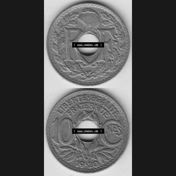 Grau bzw. s/w Münzen Frankreich Umlaufmünze Vollansicht 1917-1938, 10 Centimes, 10 CMES EGALITÉ FRATERNITÉ LIBERTÉ 1920-1. Vorderseite und Rückseite vertikal auf... Sammlung Graustufen