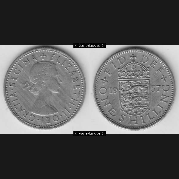 Grau bzw. s/w Münzen Großbritannien Umlaufmünze 1954-1970, 1 Schilling - Shilling, 1957-1 Wappen mit 3 Löwen. Vorderseite und Rückseite horizontal auf einen digitalen Bild... Sammlung Graustufen
