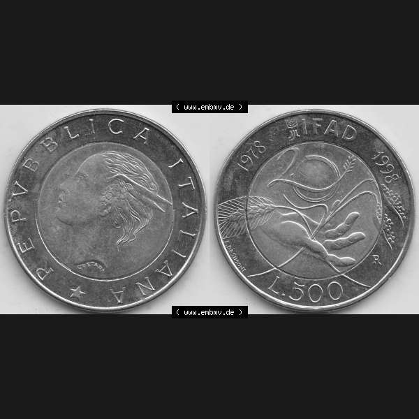 Grau bzw. s/w Bildmaterial von Münzen aus Italien / Italia Gedenkmünzen 1998-1998, 500 Lire, 20 Jahre Internationaler Fonds für die landwirtschaftliche Entwicklung (1978-1998)-1.... Sammlung Graustufen