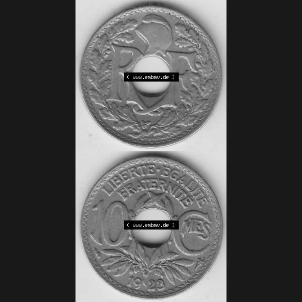 Grau bzw. s/w Münzen Frankreich Umlaufmünze Vollansicht 1917-1938, 10 Centimes, 10 CMES EGALITÉ FRATERNITÉ LIBERTÉ 1923-1. Vertikales beidseitiges Bildmaterial der Vorderseite... Sammlung Graustufen