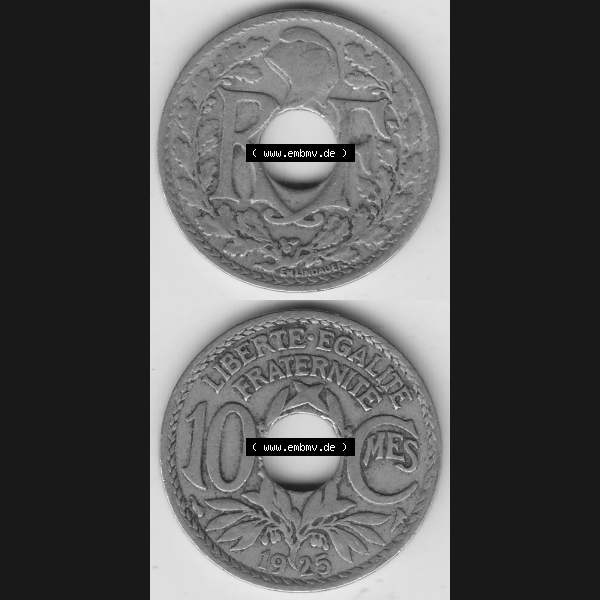 Grau bzw. s/w Münzen Frankreich Umlaufmünze 1917-1938, 10 Centimes - Cmes 1925. Vorderseite und Rückseite vertikal auf einen digitalen Bild der alten französischen Umlaufmünze 10... Sammlung Graustufen