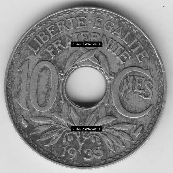 Grau bzw. s/w Münzen Frankreich Umlaufmünze 1917-1938, 10 Centimes - Cmes 1935-4. Rückseite der alten französischen Umlaufmünze 10 Cmes - Centimes - Cent aus Frankreich in der Francs-Währung... Sammlung Graustufen