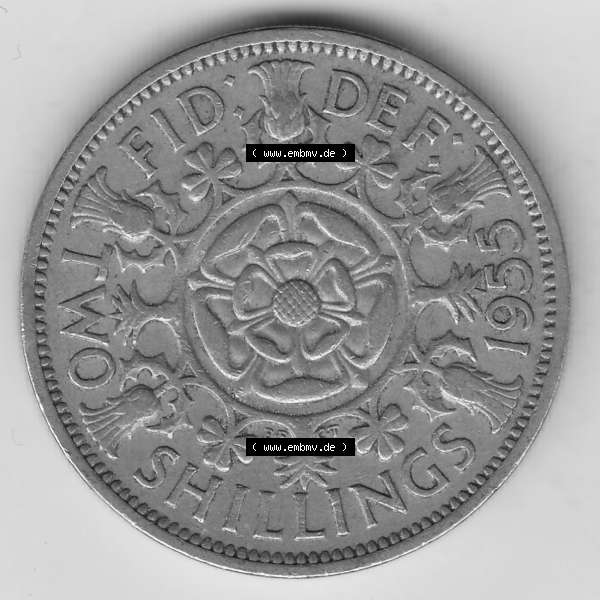 Grau bzw. s/w Münzen Großbritannien Umlaufmünze 1954-1970, 2 Schilling - Shillings 1955-1. Rückseite der alten britischen Münze aus Großbritannien zum katalogisieren und... Sammlung Graustufen