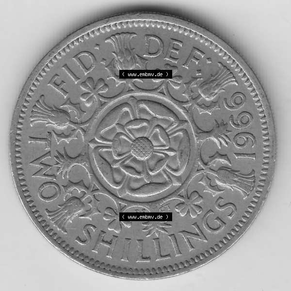 Grau bzw. s/w Münzen Großbritannien Umlaufmünze 1954-1970, 2 Schilling - Shillings 1966-7. Rückseite der alten britischen Münze aus Großbritannien zum katalogisieren und... Sammlung Graustufen