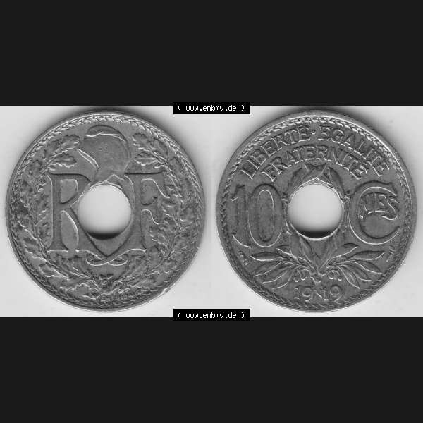 Grau bzw. s/w Münzen Frankreich Umlaufmünze Vollansicht 1917-1938, 10 Centimes, RF - Frankreich 10 CMES EGALITÉ FRATERNITÉ LIBERTÉ 1919-1. Vorderseite und Rückseite... Sammlung Graustufen