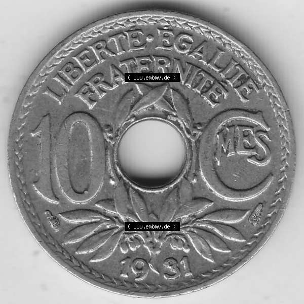 Grau bzw. s/w Münzen Frankreich Umlaufmünze Einzelansicht 1917-1938, 10 Centimes, 10 CMES EGALITÉ FRATERNITÉ LIBERTÉ 1931-2. Rückseite der alten französischen... Sammlung Graustufen