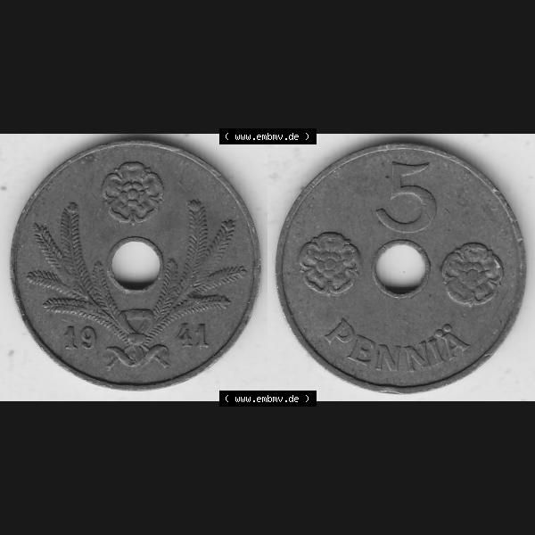Grau bzw. s/w Alte Münzen KMS Finnland, Kursmünzensatz 1941-1943, 5 Penny, Penniä, Kupfer 1941-1. Digitales Bild / Bildmaterial mit Vorderseite und Rückseite einer... Sammlung Graustufen