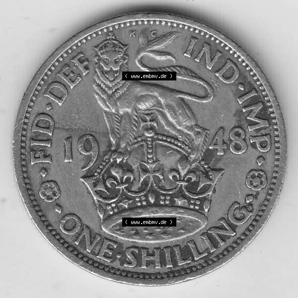 Grau bzw. s/w Münzen Großbritannien Umlaufmünze 1949-1951, 1 One Schilling - Shilling, 1948-1 Stehender Löwe auf Krone. Rückseite der alten britischen Münze aus Großbritannien... Sammlung Graustufen