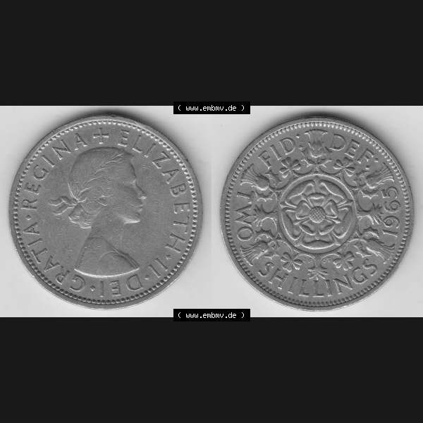 Grau bzw. s/w Münzen Großbritannien Umlaufmünze 1954-1970, 2 Schilling - Shillings 1965-1. Vorderseite und Rückseite horizontal auf einen digitalen Bild der alten britischen Münze... Sammlung Graustufen