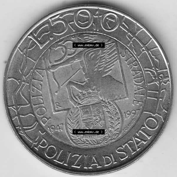 Grau bzw. s/w Bildmaterial von Münzen aus Italien / Italia Gedenkmünzen 1997-1997, 500 Lire, 50 Jahre Staatspolizei (1947-1997), POLIZIA DI STATO POLIZIA STRADALE R-2.... Sammlung Graustufen