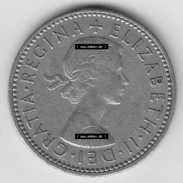 Grau bzw. s/w Münzen Großbritannien Umlaufmünze 1954-1970, 1 Schilling - Shilling, 1957-2 Wappen mit 3 Löwen (1) Sammlung Graustufen