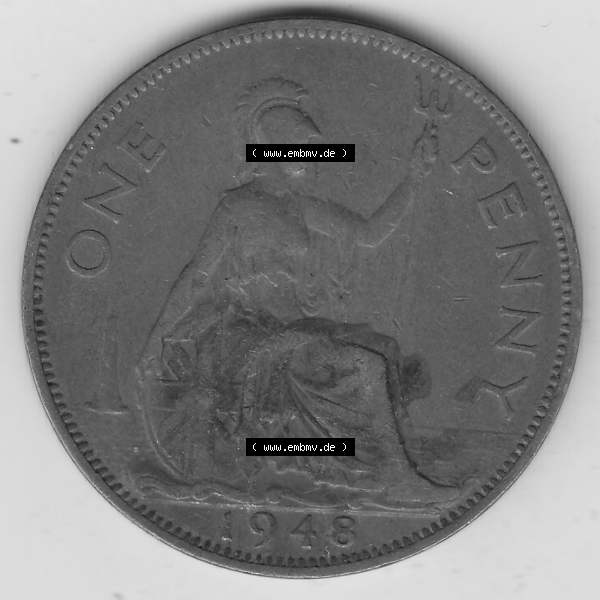 Grau bzw. s/w Münzen Großbritannien Umlaufmünze 1937-1948. 1 One Penny 1948-1, George VI, GEORGIVS VI DGBROMNREX FDINDIMP. HP. Rückseite der alten britischen Münze... Sammlung Graustufen