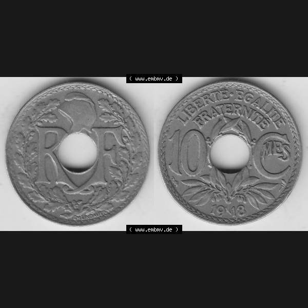 Grau bzw. s/w Münzen Frankreich Umlaufmünze Vollansicht 1917-1938, 10 Centimes, 10 CMES EGALITÉ FRATERNITÉ LIBERTÉ 1918-1. Beidseitiges Bildmaterial einer Umlaufmünze... Sammlung Graustufen