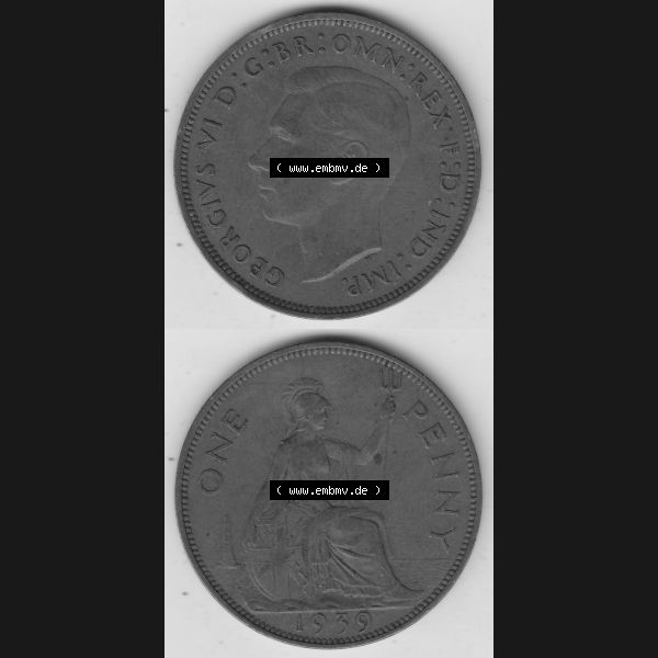 Grau bzw. s/w Münzen Großbritannien Umlaufmünze 1937-1948. 1 One Penny 1939-1, George VI, GEORGIVS VI DGBROMNREX FDINDIMP. HP. Vorderseite und Rückseite vertikal... Sammlung Graustufen