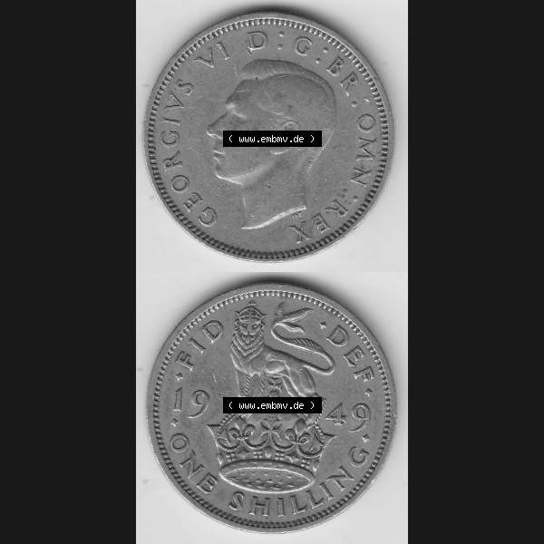 Grau bzw. s/w Münzen Großbritannien Umlaufmünze 1949-1951, 1 One Schilling - Shilling, 1949-1 Stehender Löwe auf Krone. Vorderseite und Rückseite vertikal untereinander auf... Sammlung Graustufen