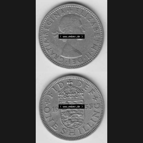 Grau bzw. s/w Münzen Großbritannien Umlaufmünze 1954-1970, 1 Schilling - Shilling, 1955-2 Wappen mit drei Löwen. Vorderseite und Rückseite vertikal untereinander auf einen... Sammlung Graustufen