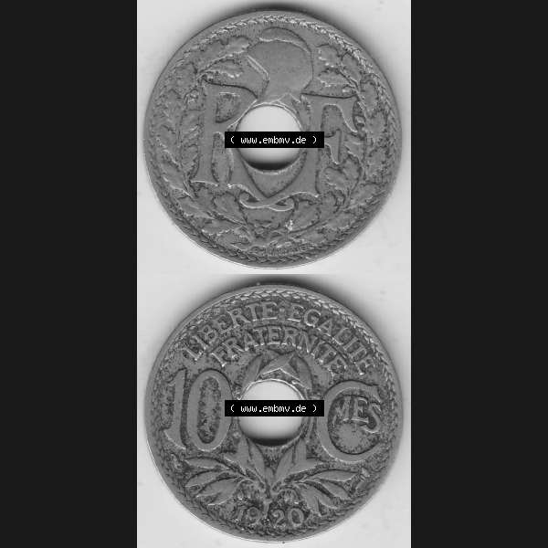 Grau bzw. s/w Münzen Frankreich Umlaufmünze Vollansicht 1917-1938, 10 Centimes, 10 CMES EGALITÉ FRATERNITÉ LIBERTÉ 1920-1. Vertikales beidseitiges Bildmaterial der Vorderseite... Sammlung Graustufen