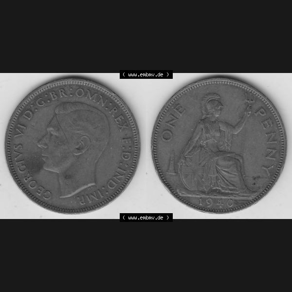 Grau bzw. s/w Münzen Großbritannien Umlaufmünze 1937-1948. 1 One Penny 1940-1, George VI, GEORGIVS VI DGBROMNREX FDINDIMP. HP. Vorderseite und Rückseite horizontal... Sammlung Graustufen