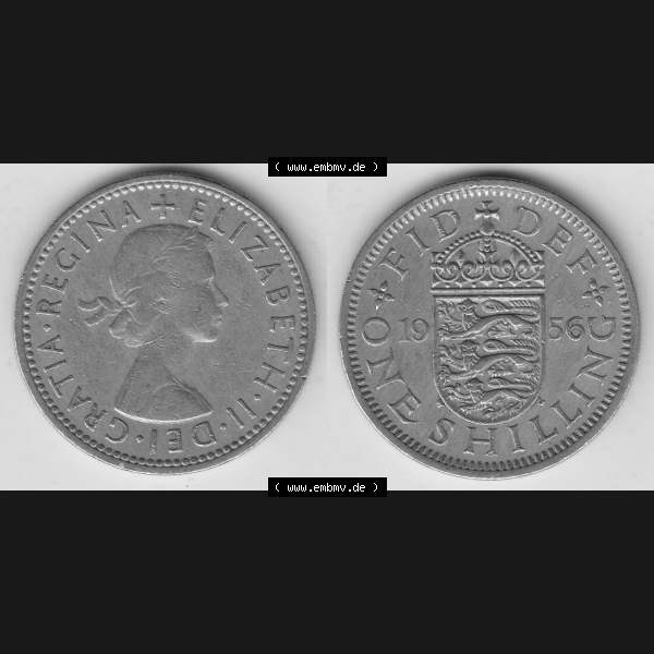 Grau bzw. s/w Münzen Großbritannien Umlaufmünze 1954-1970, 1 Schilling - Shilling, 1956-2 Wappen mit 3 Löwen. Vorderseite und Rückseite horizontal auf einen digitalen Bild... Sammlung Graustufen