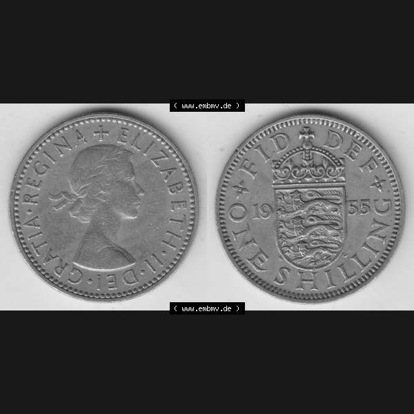 Grau bzw. s/w Münzen Großbritannien Umlaufmünze 1954-1970, 1 Schilling - Shilling, 1955-1 Wappen mit drei Löwen. Vorderseite und Rückseite horizontal auf einen digitalen... Sammlung Graustufen