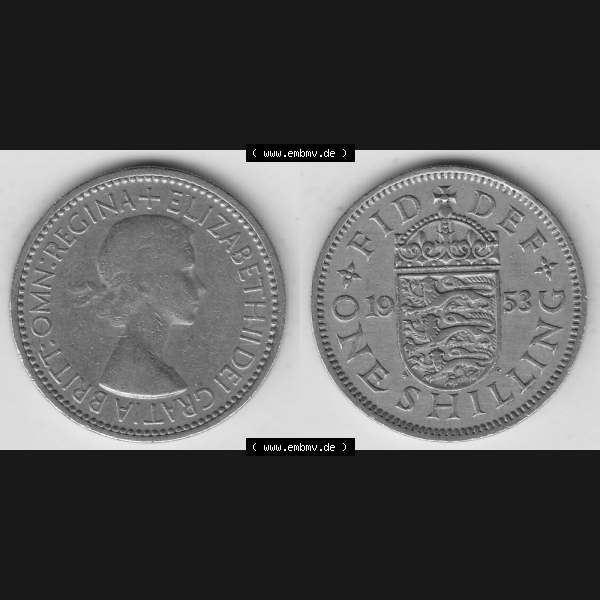 Grau bzw. s/w Münzen Großbritannien Umlaufmünze 1954-1970, 1 Schilling - One Shilling, 1953-1 Wappen mit drei Löwen. Vorderseite und Rückseite horizontal auf einen digitalen... Sammlung Graustufen
