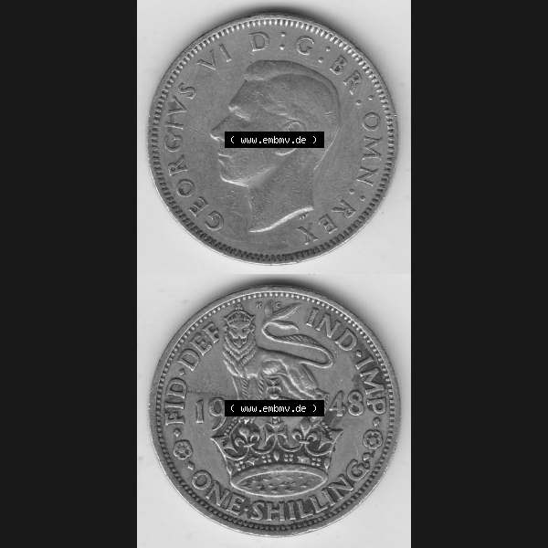 Grau bzw. s/w Münzen Großbritannien Umlaufmünze 1949-1951, 1 One Schilling - Shilling, 1948-1 Stehender Löwe auf Krone. Vorderseite und Rückseite vertikal untereinander auf... Sammlung Graustufen