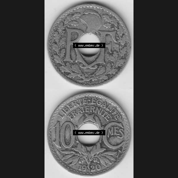 Grau bzw. s/w Münzen Frankreich Umlaufmünze 1917-1938, 10 Centimes - Cmes 1920. Vorderseite und Rückseite vertikal auf einen digitalen Bild der alten französischen Umlaufmünze 10... Sammlung Graustufen