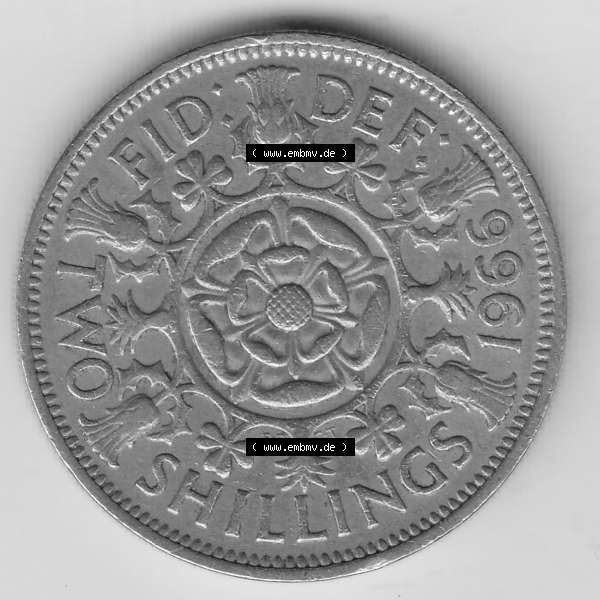 Grau bzw. s/w Münzen Großbritannien Umlaufmünze 1954-1970, 2 Schilling - Shillings 1966-3. Rückseite der alten britischen Münze aus Großbritannien zum katalogisieren und... Sammlung Graustufen