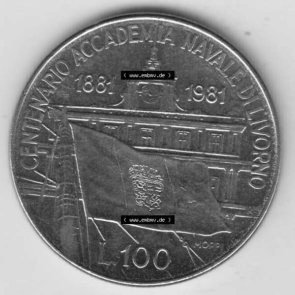 Grau bzw. s/w Bildmaterial von Münzen aus Italien / Italia Gedenkmünzen 1981-1981, 100 Lire, 100. Jahrestag der Gründung der Marineakademie in Livorno (1881-1981)-1.... Sammlung Graustufen